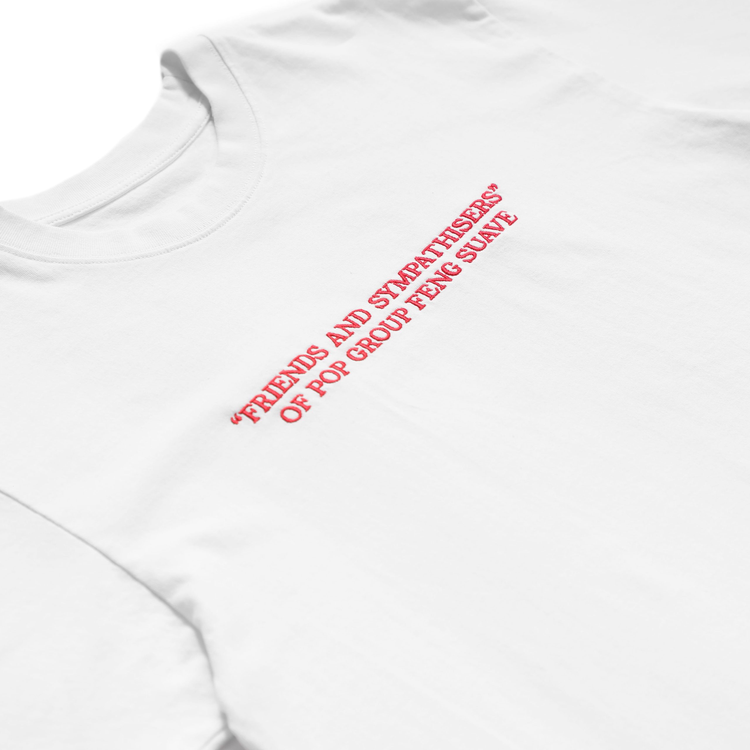 FS – Friends and Sympathizers WHITE WITH RED TYPE Embroidered MOCK close
